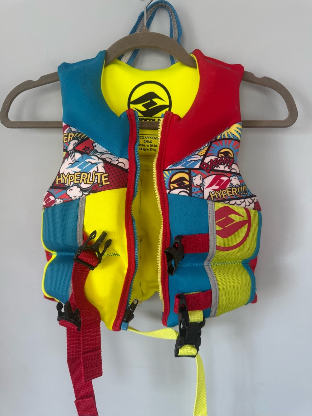 Hyperlite Child Neoprene Life Jacket 30–50 lbs USCG Approved Comic Print